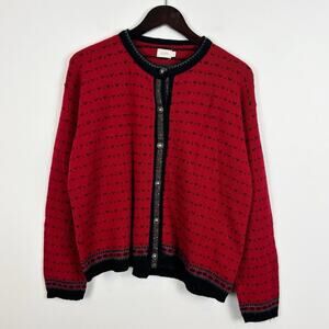 Vintage Alps 100% Wool Red Floral Trim Cardigan Sweater Size Large